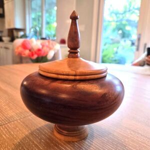 Handmade Turned Wood Pedestal Bowl With Finial Top Walnut One of a Kind